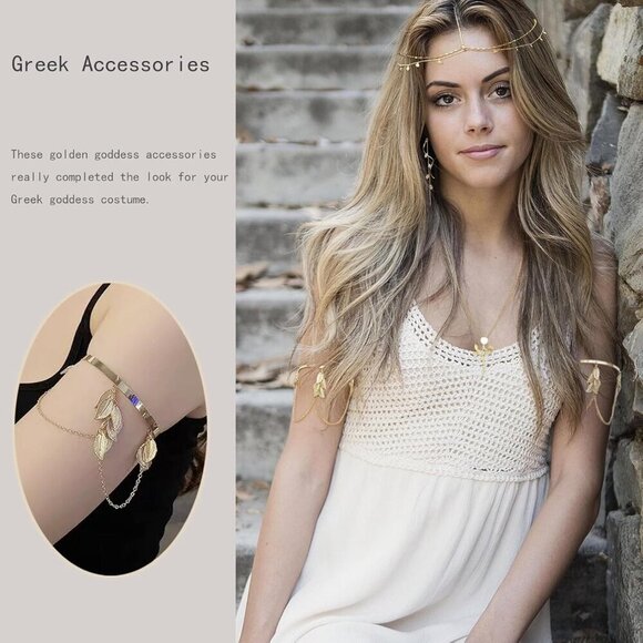 Greek Goddess Costume Jewelry Set Gold Laurel Headpiece Toga Bridal Halloween main image 4